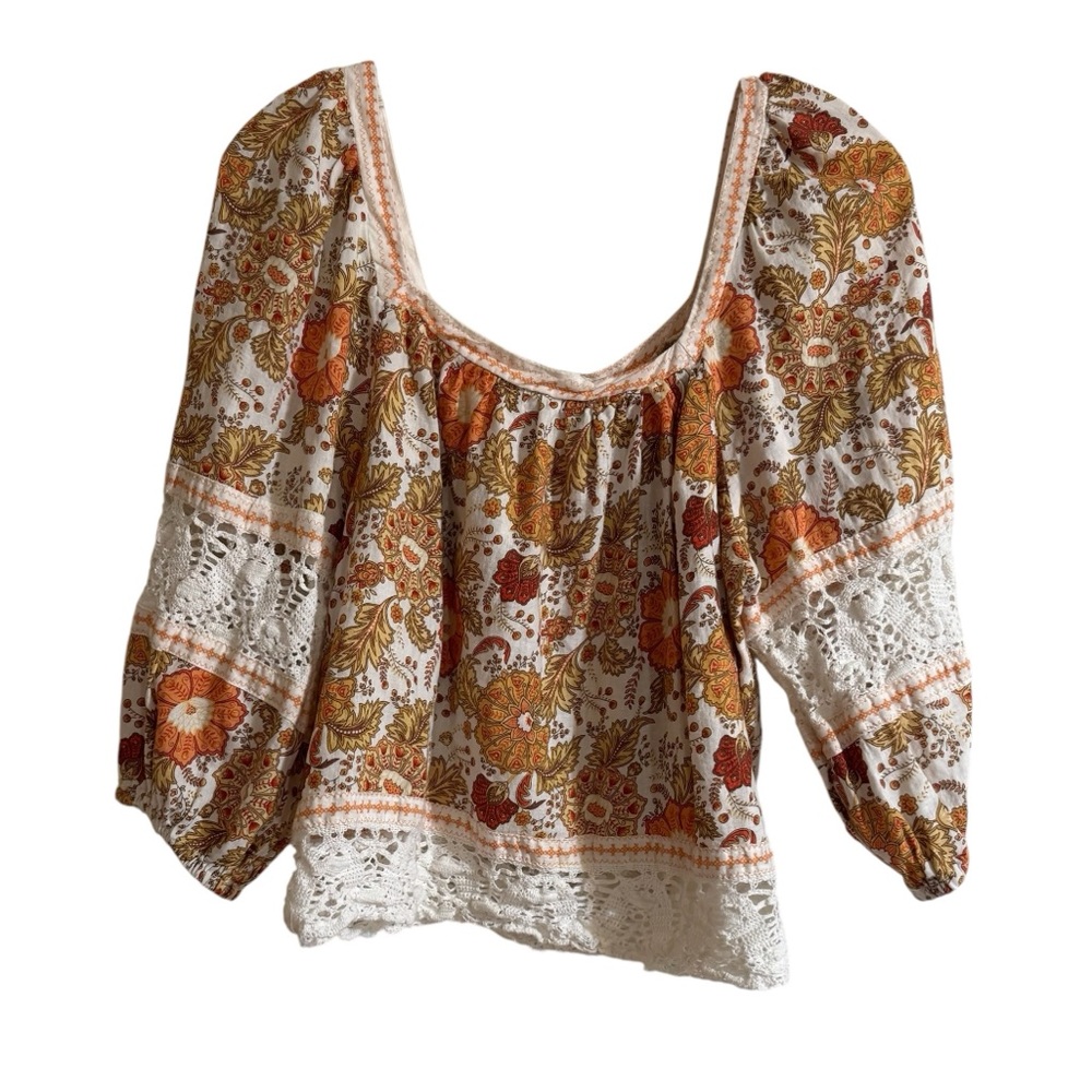 Rachel Zoe Cream and Rust Floral Square-Neck Peasant Top - Picture 2 of 8